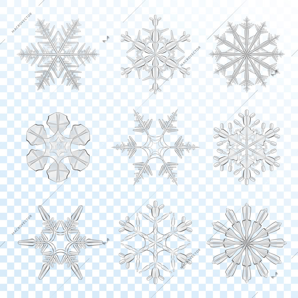 Realistic grey icy snowflakes set isolated on transparent background vector illustration