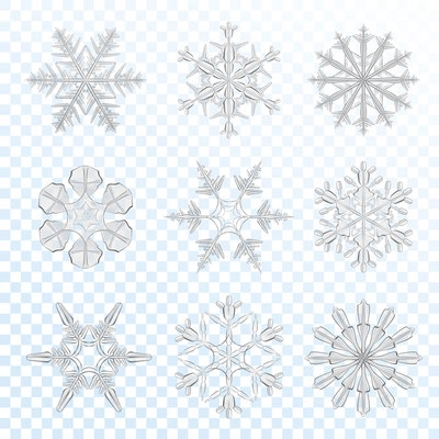 Realistic grey icy snowflakes set isolated on transparent background vector illustration