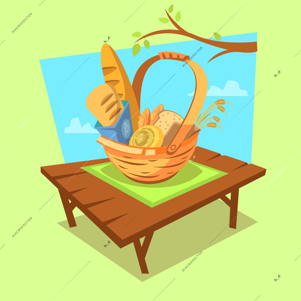 Bakery cartoon concept with retro style basket full of bread on outdoor background