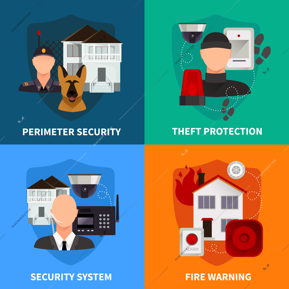 Home security 2x2 flat design concept set of theft protection fire warning and electronic alarm systems vector illustration