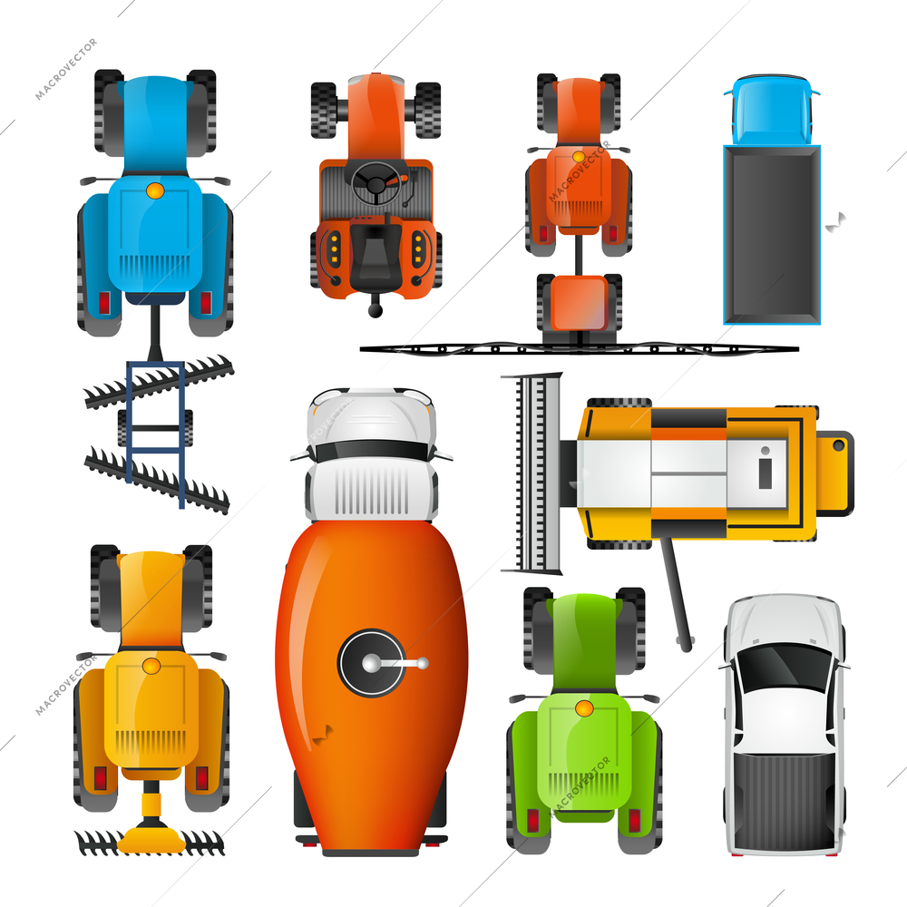 Modern agriculture machinery colorful  flat pictograms collection with combiner tractor harvester and forklift top view vector illustration