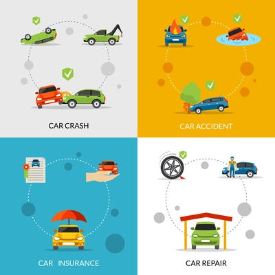 Car insurance design concept set with crash and repair flat icons isolated vector illustration