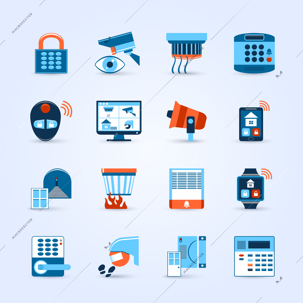 Home security icons set with alarm and camera symbols flat isolated vector illustration