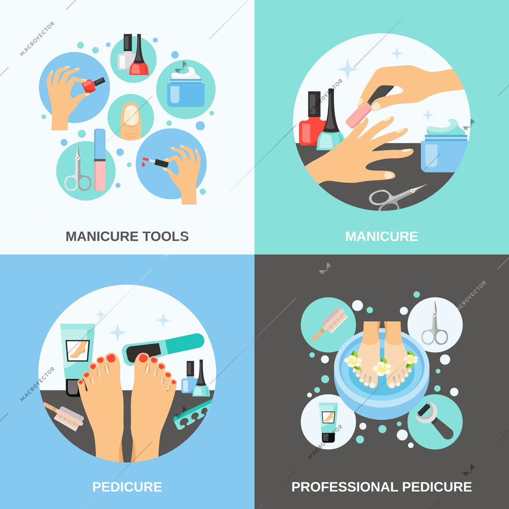 Professional manicure and pedicure procedure tools and accessories 4 flat icons square banner abstract isolated vector illustration