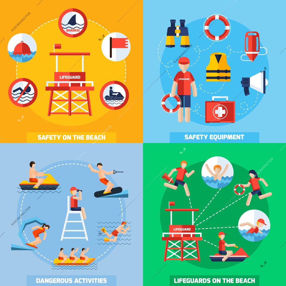 Lifeguards on the beach 4 flat icons square composition poster with safety equipment abstract isolated vector illustration