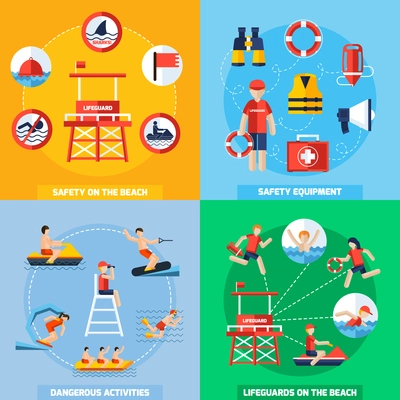 Lifeguards on the beach 4 flat icons square composition poster with safety equipment abstract isolated vector illustration