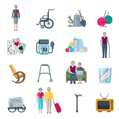 Pensioners lifestyle flat color icons set with knitting tv walkers tonometer wheelchair slippers newspaper isolated vector illustration