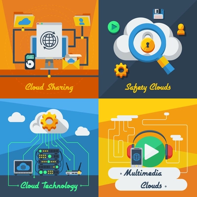 Cloud service 2x2 flat design concept set of technology sharing safety and multimedia resources vector illustration