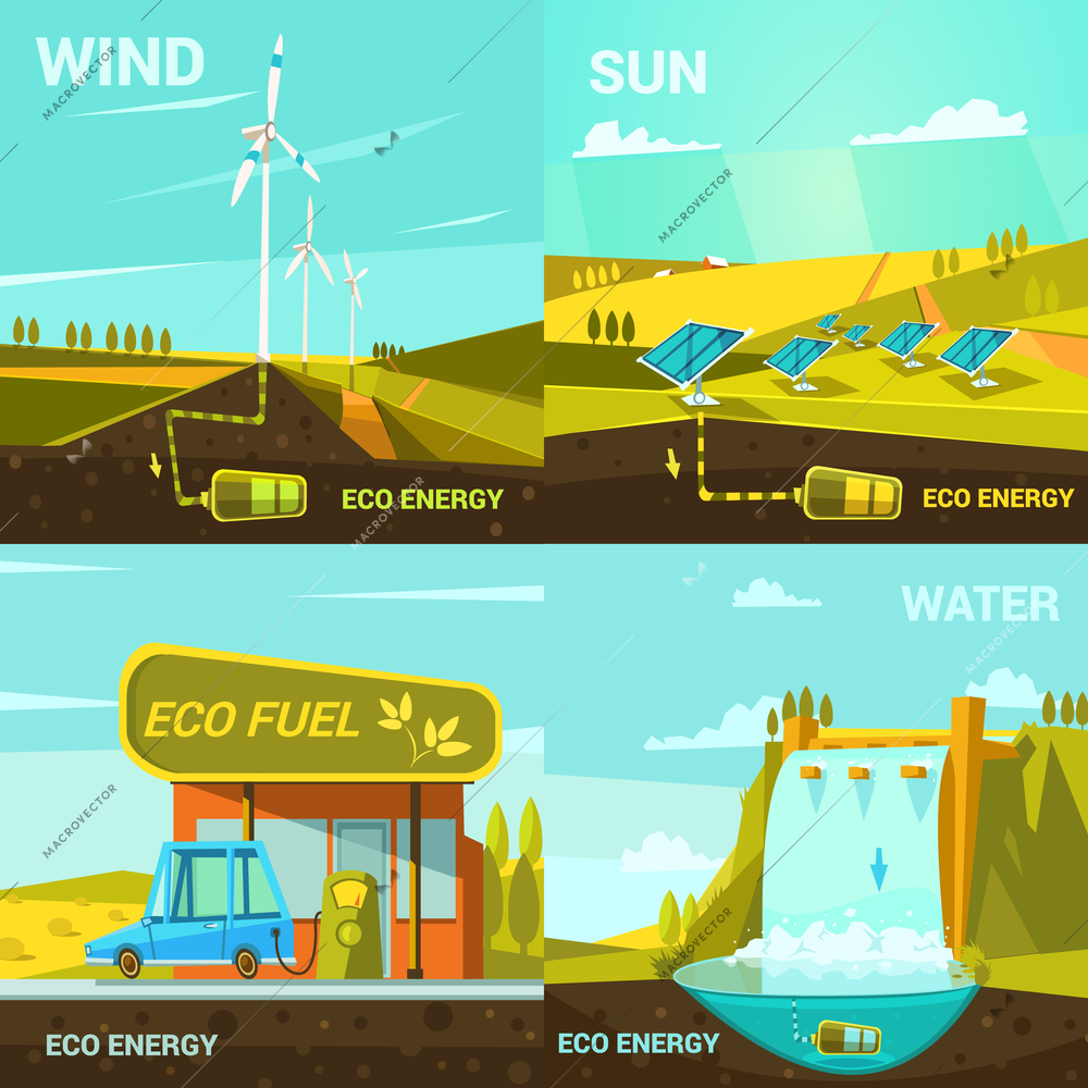 Ecological energy design concept set with retro cartoon wind sun and water power elements isolated vector illustration