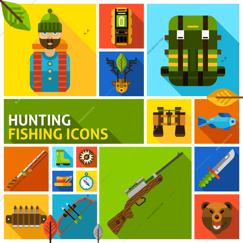 Hunting and fishing flat long shadow icons set wigh hunter gun and ammo isolated vector illustration