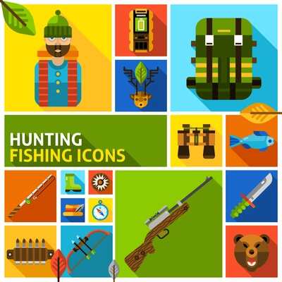 Hunting and fishing flat long shadow icons set wigh hunter gun and ammo isolated vector illustration