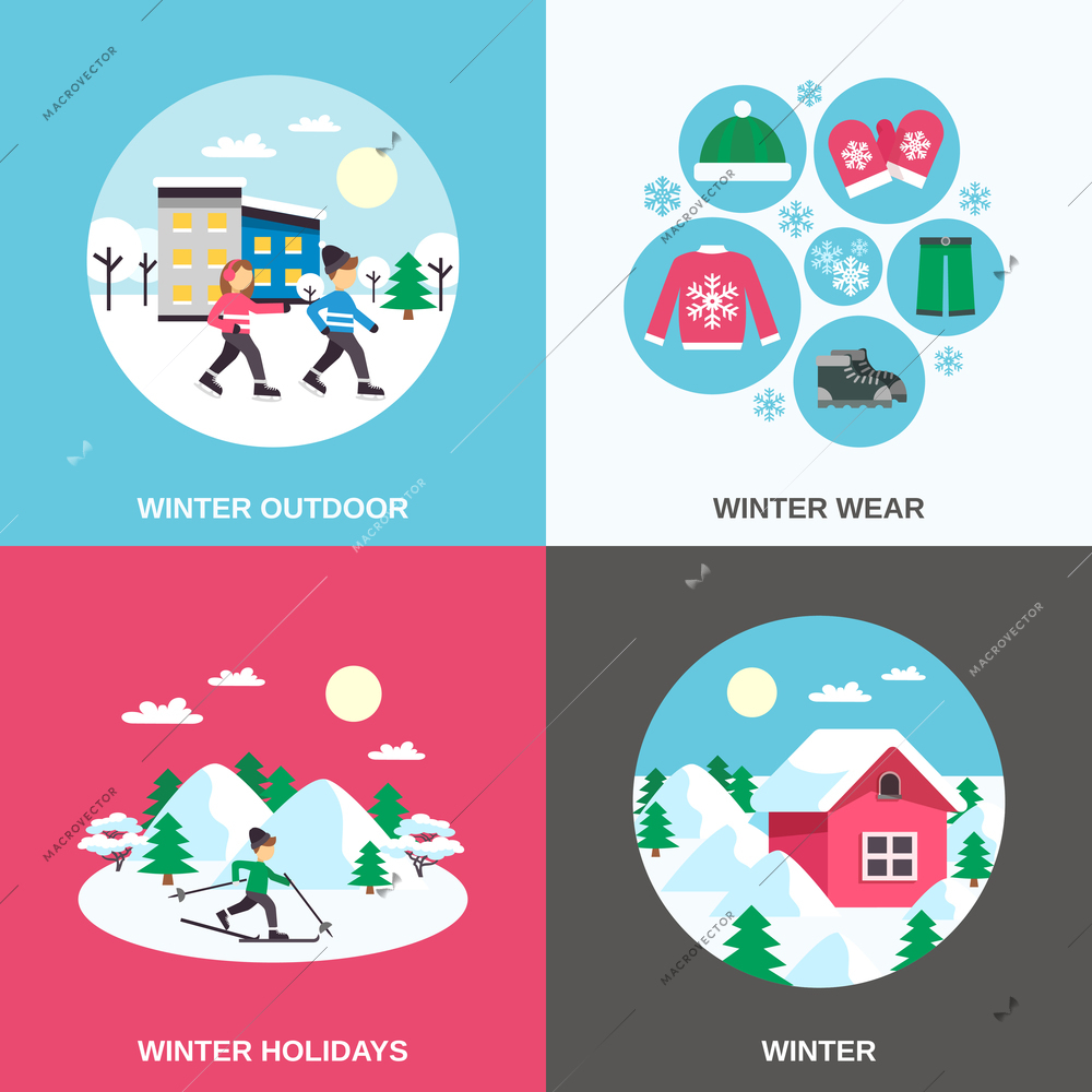 Winter holidays and outdoor clothing 4 flat icons square composition with skating children abstract isolated vector illustration