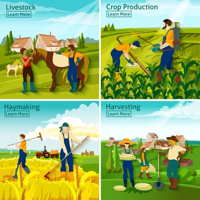 Farming 2x2 design concept with farmers busy in livestock crop haymaking harvesting flat vector illustration