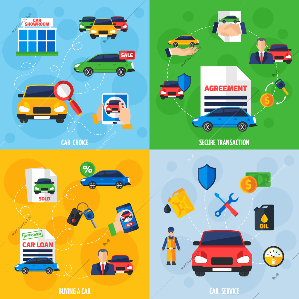 Car showroom with vehicles for sale and safe payment options 4 flat icons square composition banner vector illustration