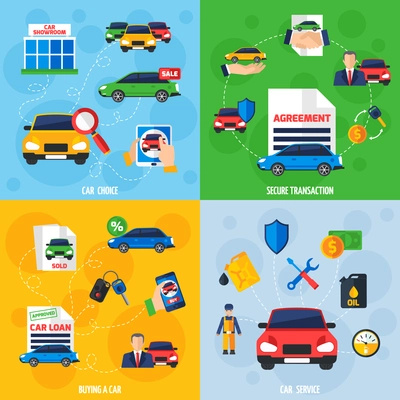 Car showroom with vehicles for sale and safe payment options 4 flat icons square composition banner vector illustration