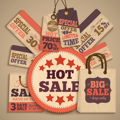 Sale design concept with paper shopping bag and cardboard price tags and banners vector illustration