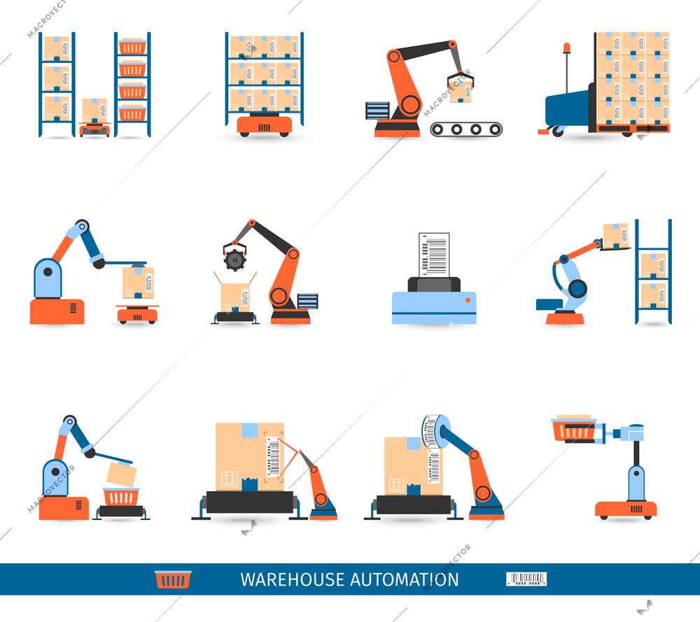 Warehouse robots for loading and unloading icons set flat isolated vector illustration