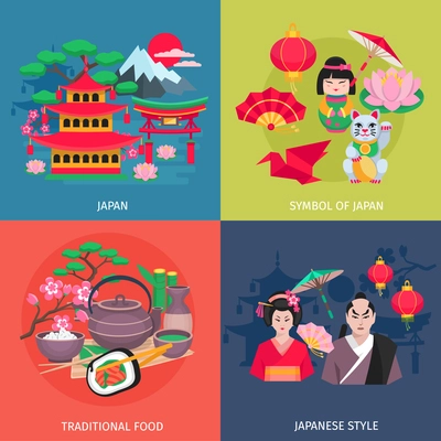 Japanese style kimono and traditional food symbols 4 flat icons square colorful banner abstract isolated vector illustration