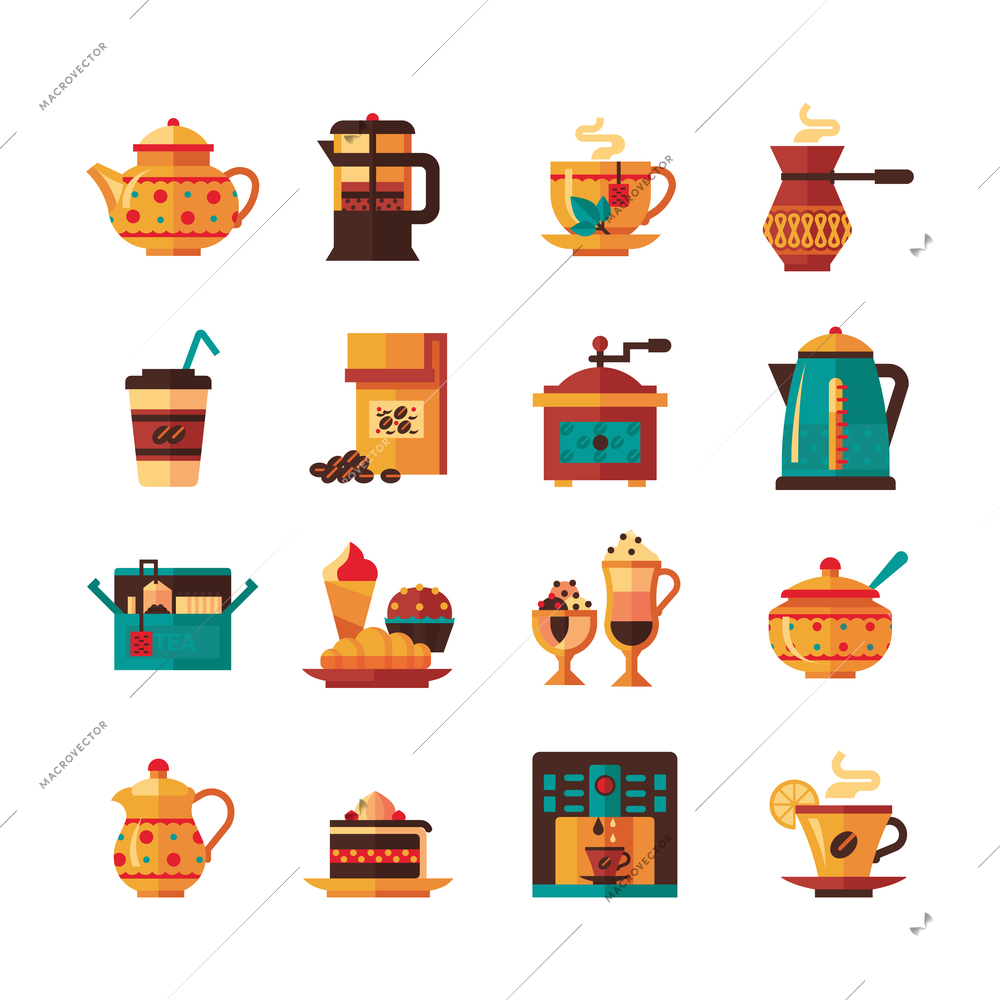 Classical tea and coffee icons set with sugar and milk pitcher in warm green brown yellow flat isolated vector illustration
