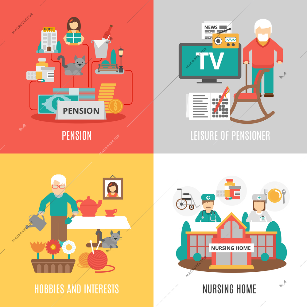 Pension hobbies and interests leisure of pensioner and nursing home 2x2 images set flat vector illustration