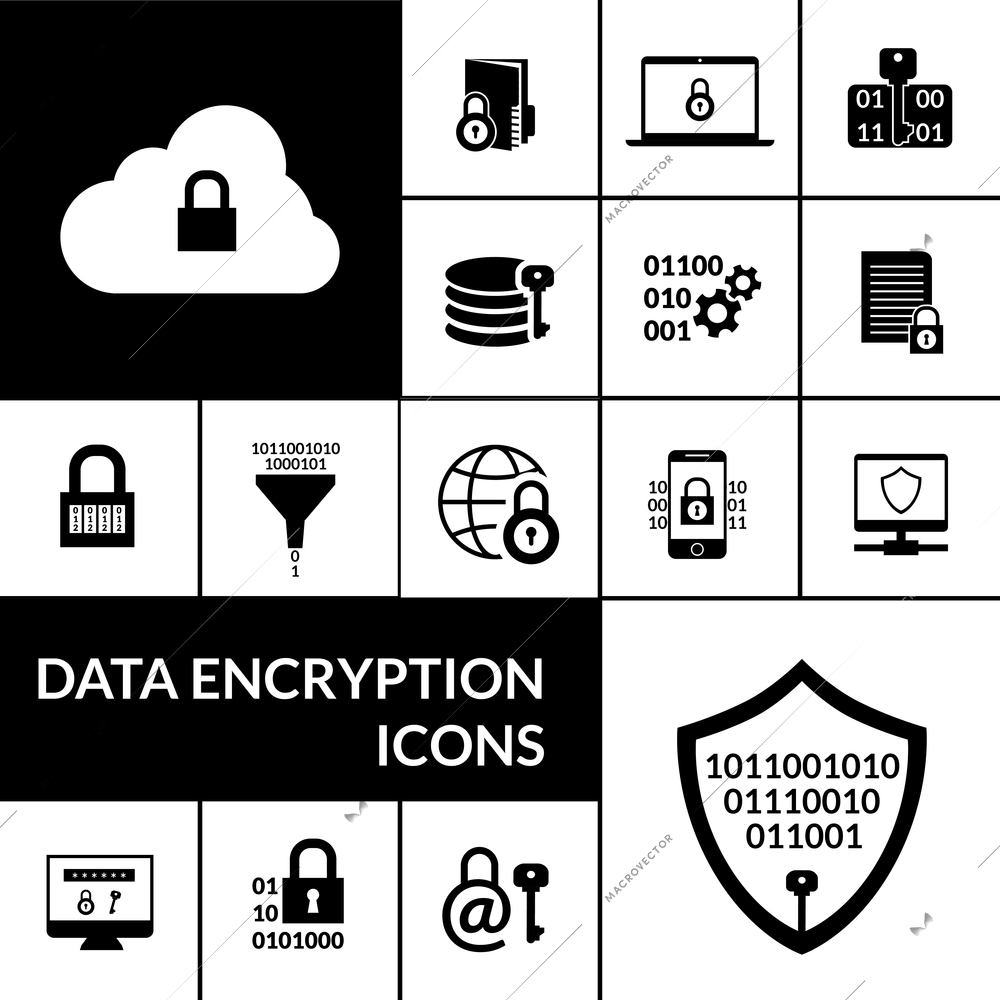 Electronic data transfer security encryption symbols icons composition banner with padlock shield and cloud black abstract vector illustration