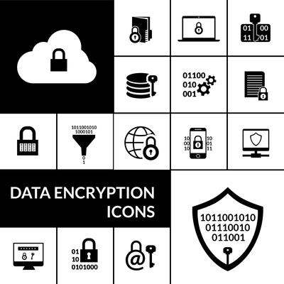 Electronic data transfer security encryption symbols icons composition banner with padlock shield and cloud black abstract vector illustration