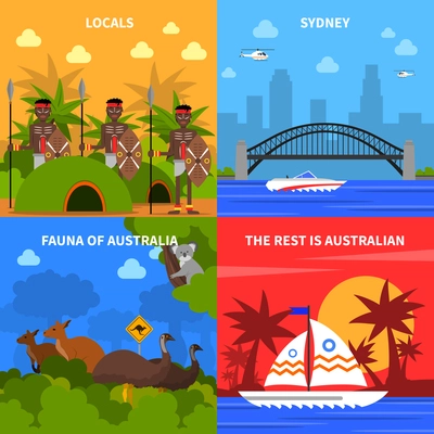 Australia concept icons set with locals and fauna symbols flat isolated vector illustration