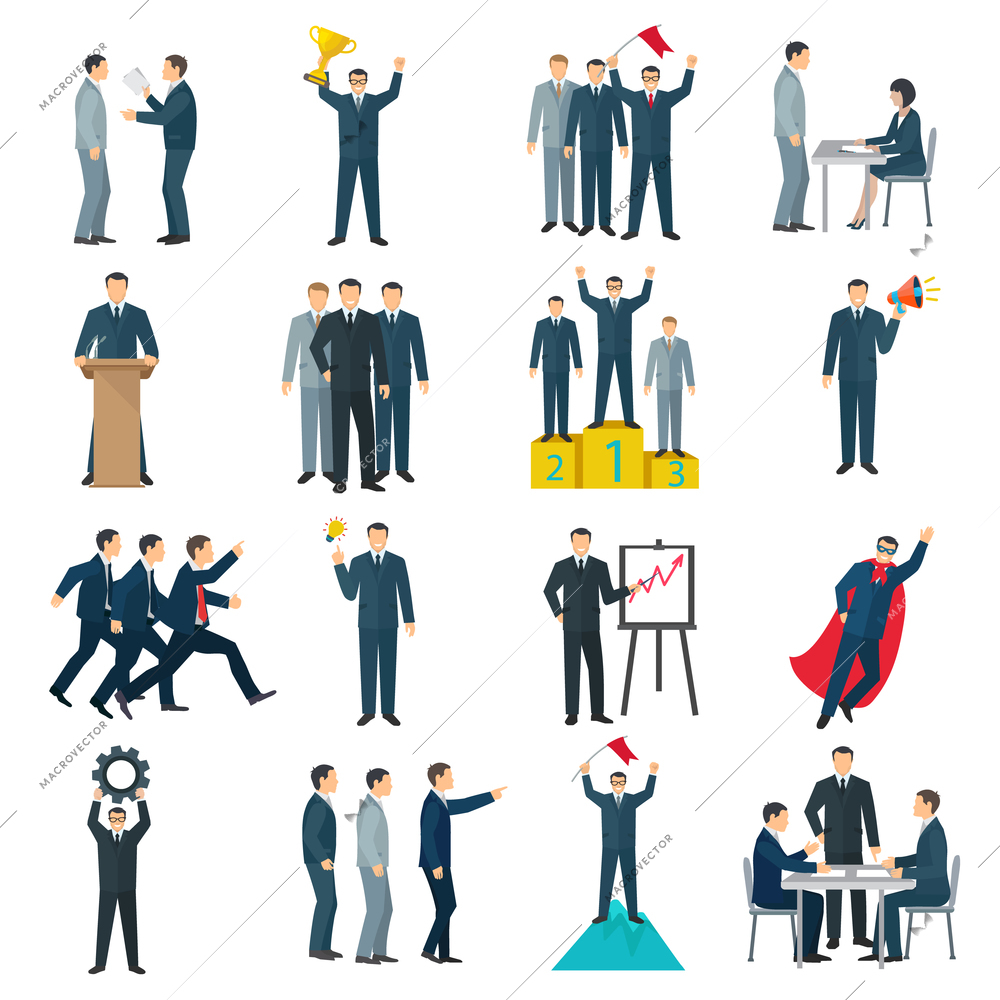 Leadership flat color icons set with discussion idea leader negotiations public performance isolated vector illustration
