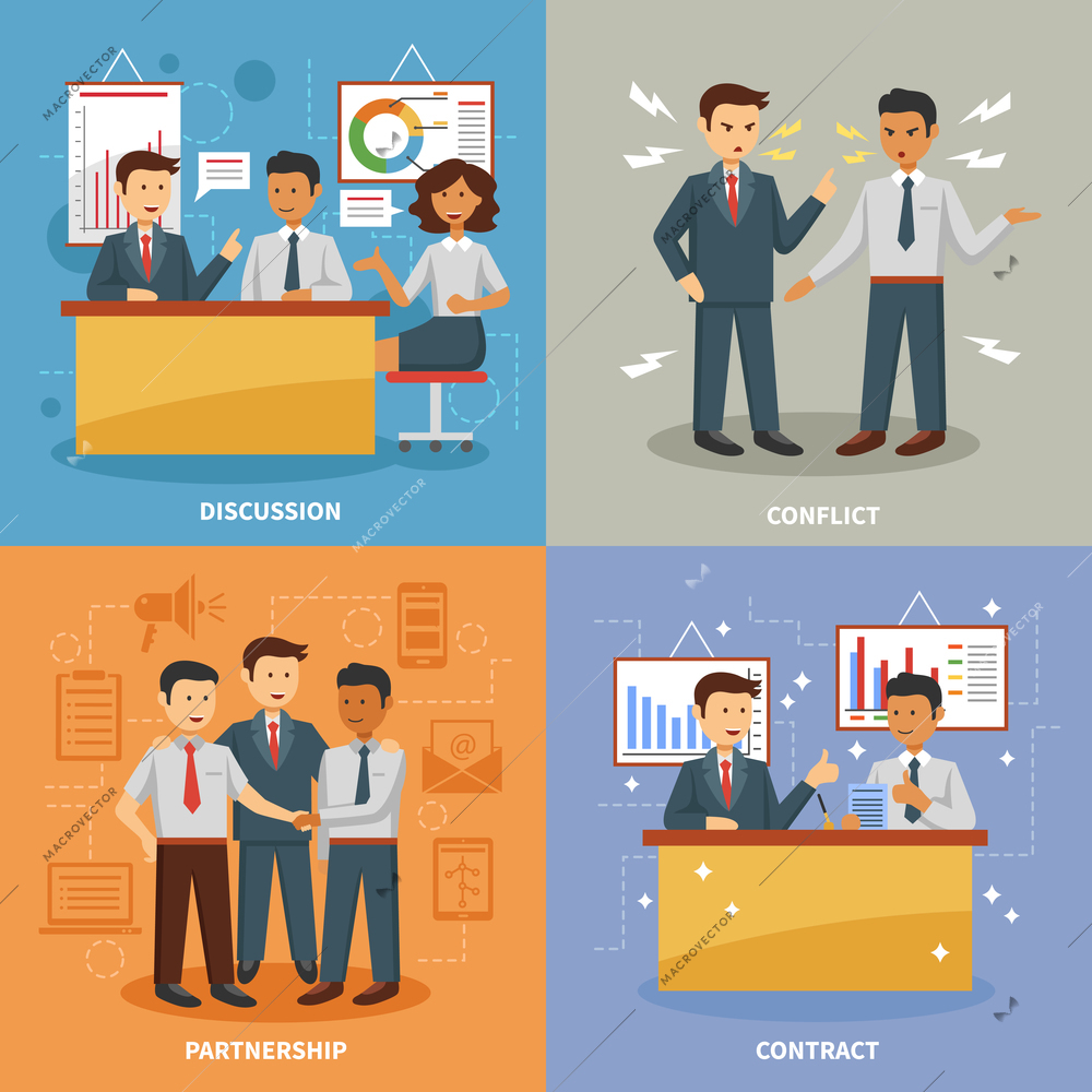 Business life design concept set with flat discussion office conflict and partnership flat icons isolated vector illustration