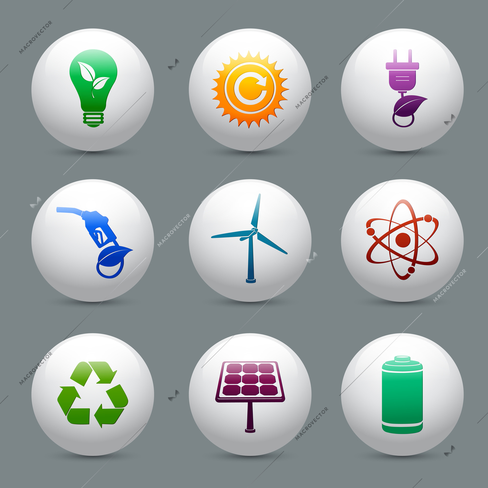 Energy and ecology buttons set with nuclear atom power solar panel and battery decorative elements isolated vector illustration