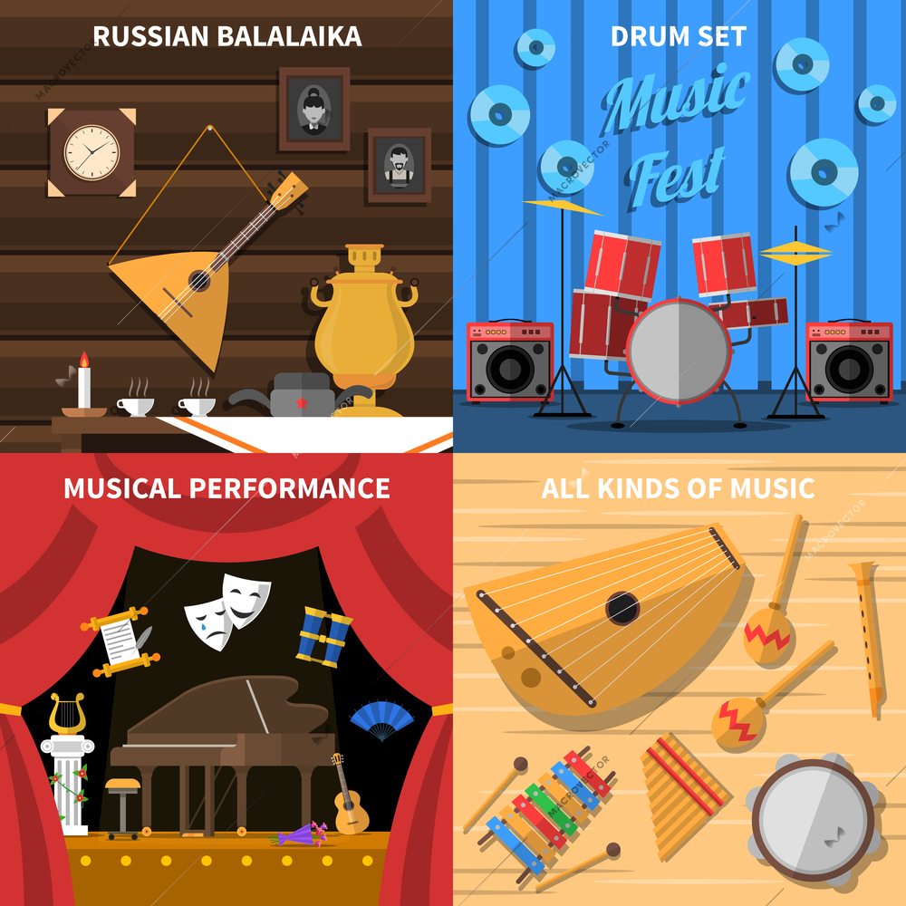 Musical instruments concept icons set with musical performance symbols flat isolated vector illustration