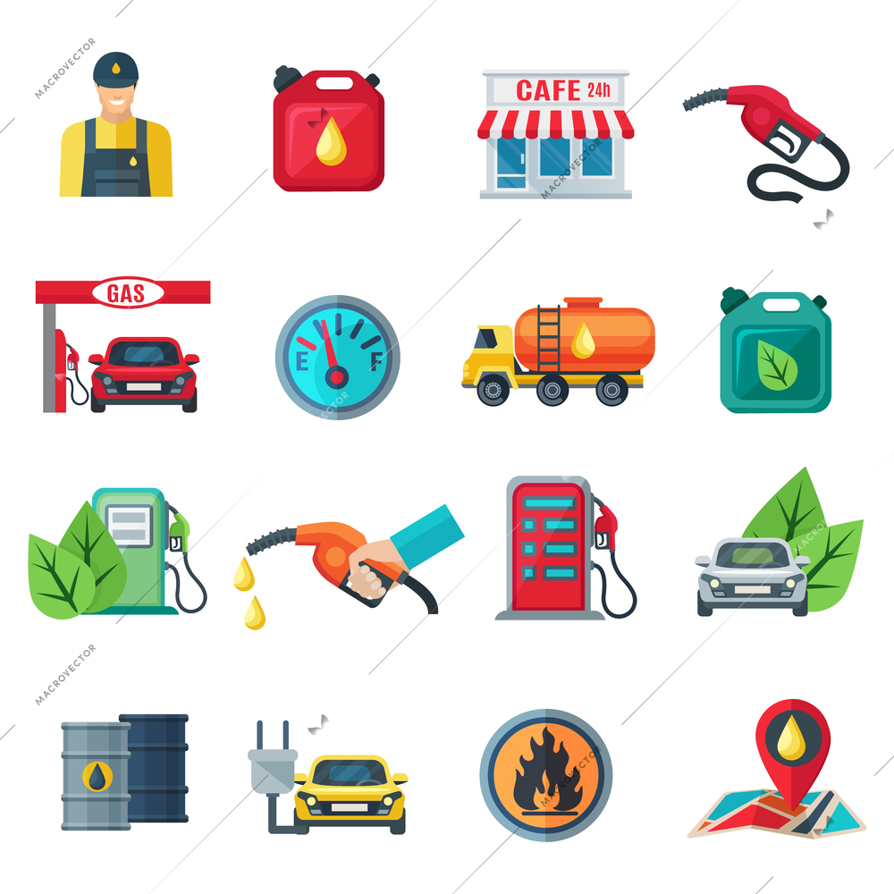 Gas station flat color icons set of canister tanker gun cafe employee column with pump isolated vector illustration