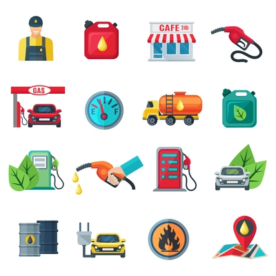 Gas station flat color icons set of canister tanker gun cafe employee column with pump isolated vector illustration