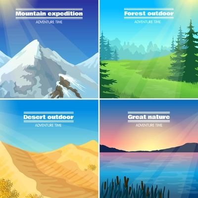 Great nature camping 4 flat pictograms collection with forest desert and mountains expeditions abstract isolated vector illustration