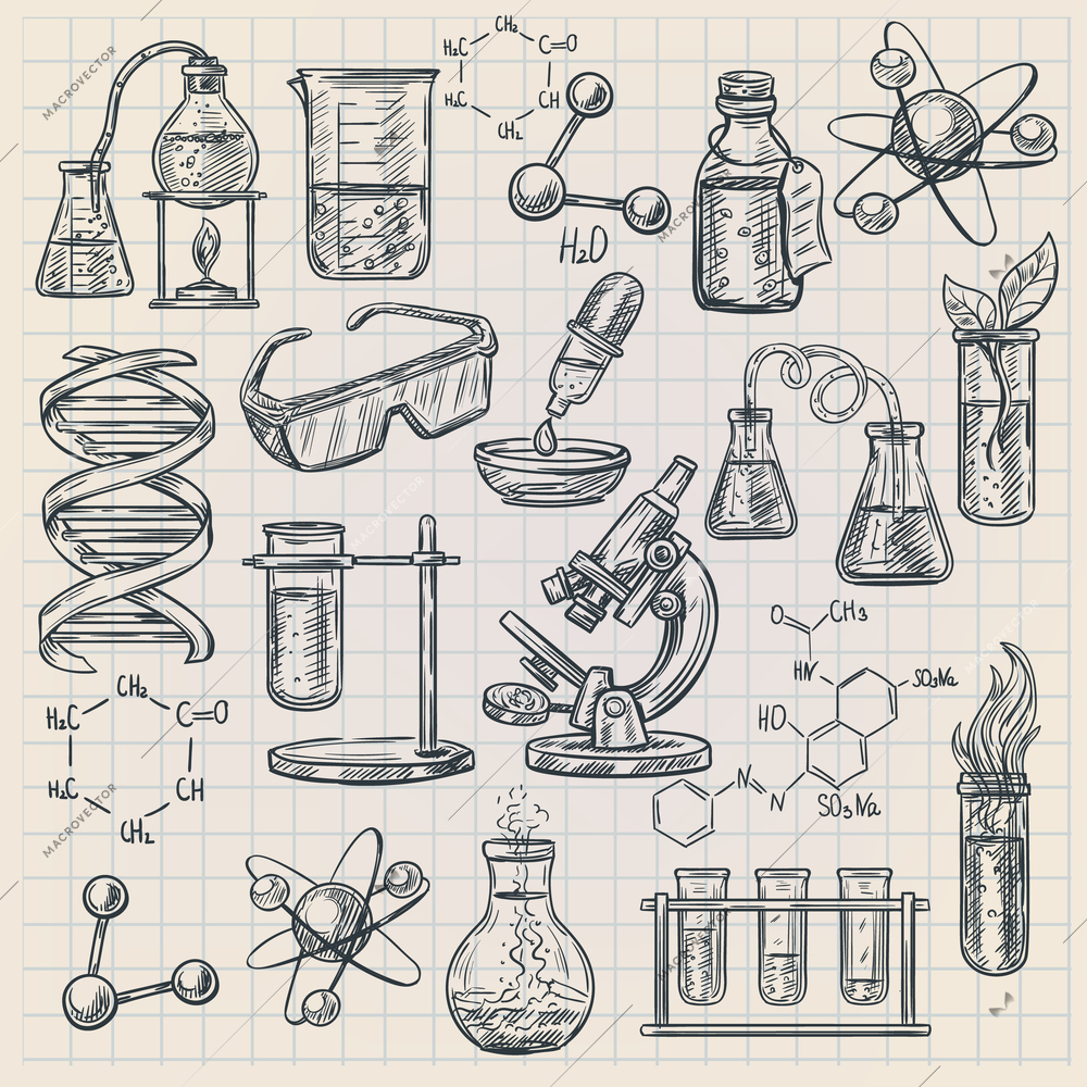 Chemistry icon in doodle style with burner flask dna structure and formulas of organic substances isolated vector illustration