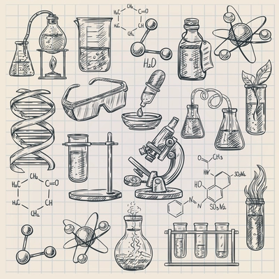 Chemistry icon in doodle style with burner flask dna structure and formulas of organic substances isolated vector illustration