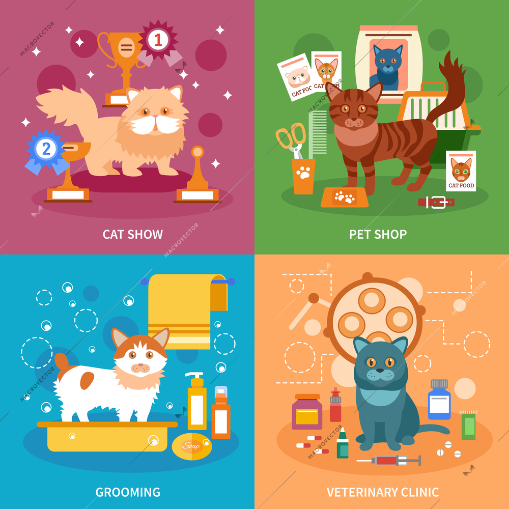 Cats design concept set with pet grooming and veterinary clinic flat icons isolated vector illustration