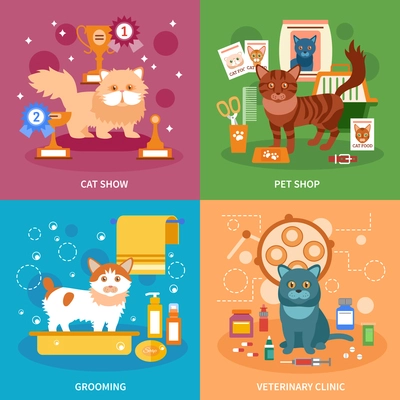 Cats design concept set with pet grooming and veterinary clinic flat icons isolated vector illustration