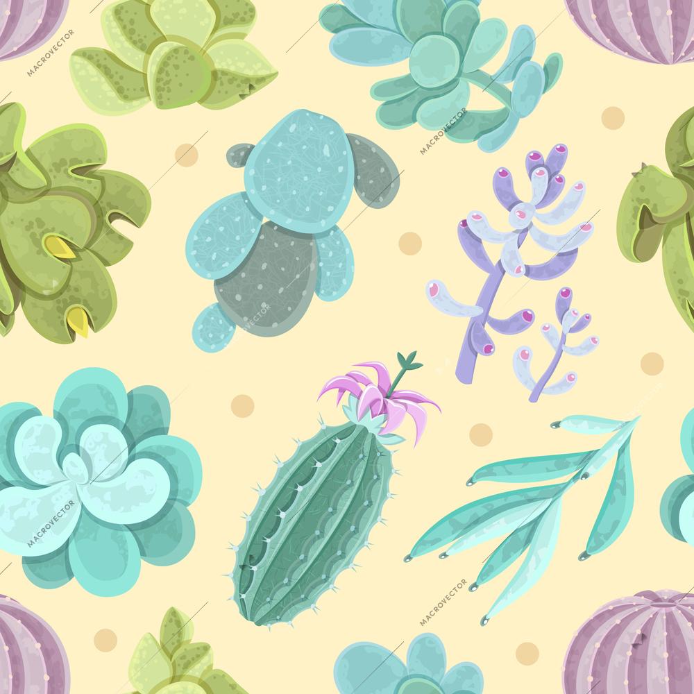 Cactus and other succulents seamless pattern for decoration on yellow background flat vector illustration