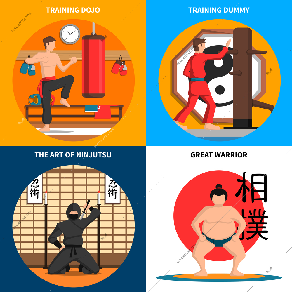 Martial arts concept icons set with training and art of ninjutsu symbols flat isolated vector illustration