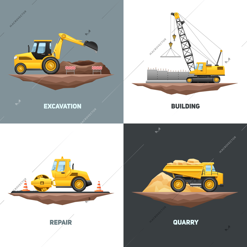 Building construction machinery 4 flat icons design with yellow crane excavator and truck abstract isolated vector illustration