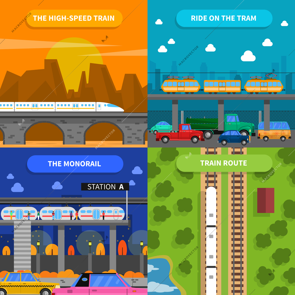 Train concept icons set with high-speed train tram and monorail flat isolated vector illustration