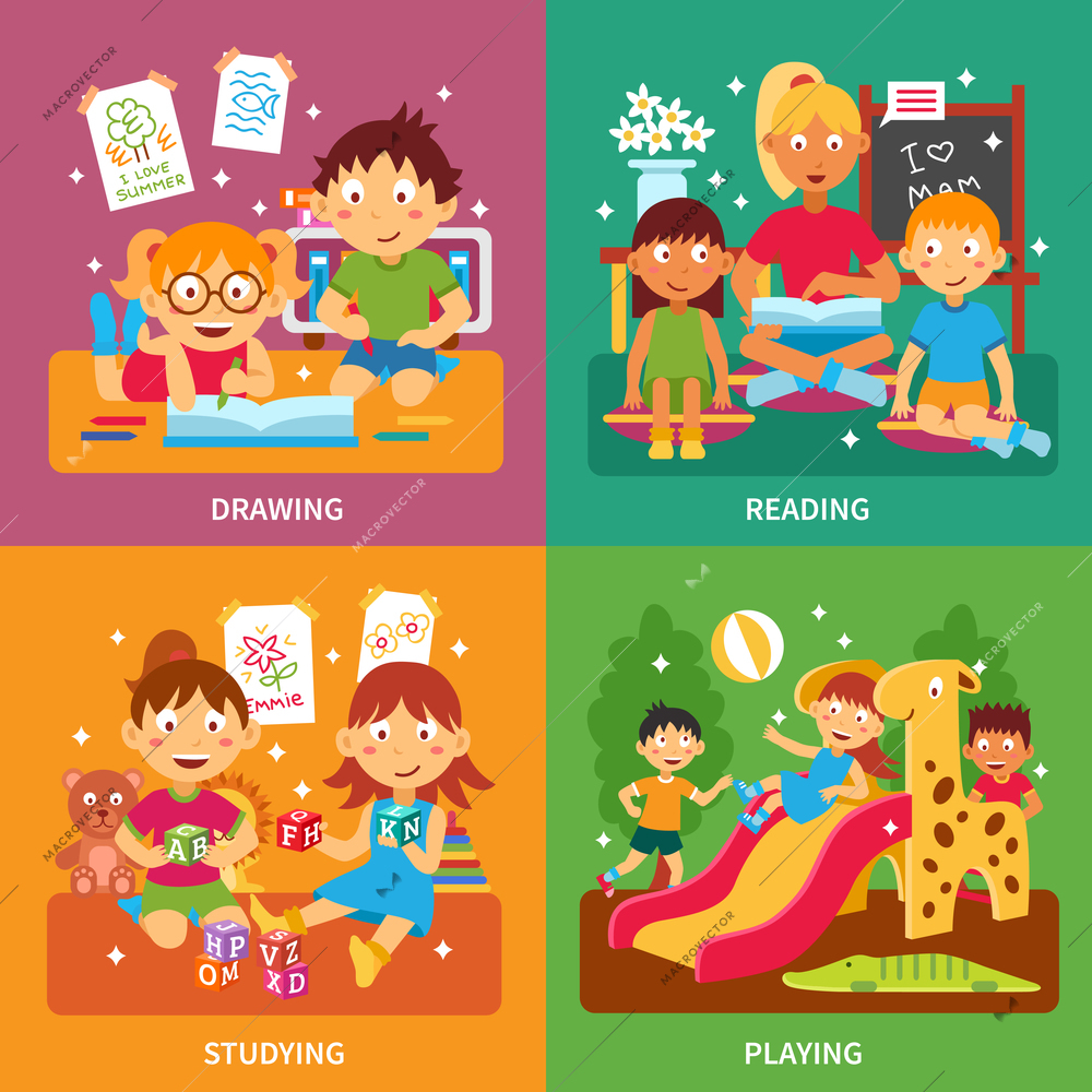 Kindergarten design concept set with children drawing readign studying and playing isolated vector illustration