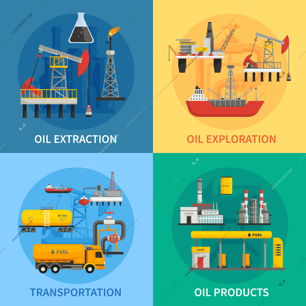 Flat 2x2 images presenting oil petrol industry oil exploration extraction transportation products vector illustration