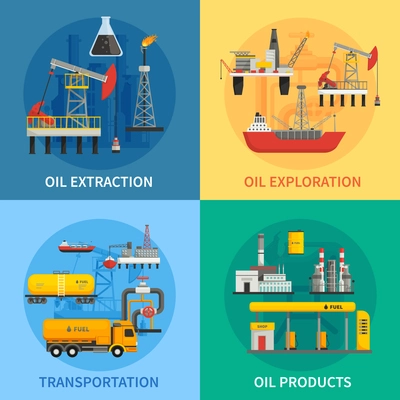 Flat 2x2 images presenting oil petrol industry oil exploration extraction transportation products vector illustration