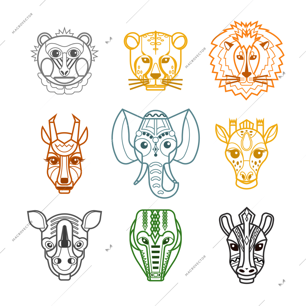 African tribal craft facial masks pictograms collection with lion crocodile wild animals heads color line isolated vector illustration