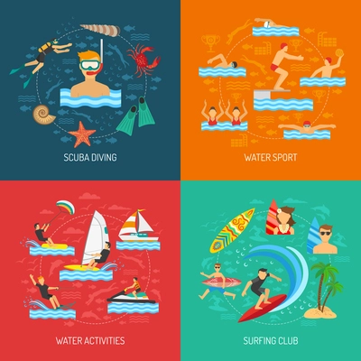 Water sport 2x2 flat design concept with people physical activity in scuba diving surfing and water games vector illustration