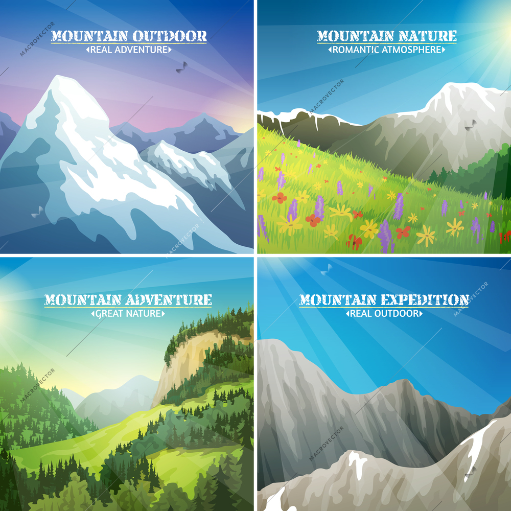 Mountains landscapes 4 flat icons square composition with alpine meadow flowers and icy peaks for travelers vector illustration