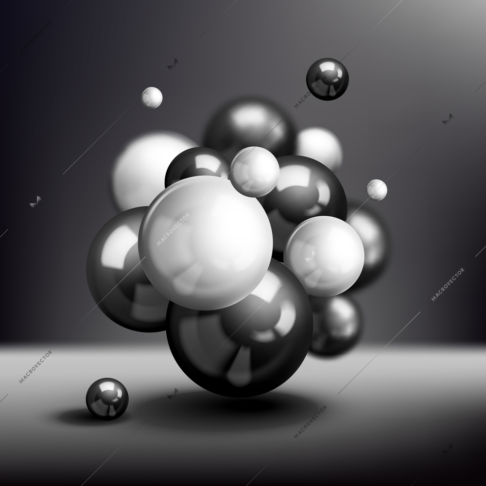 Dark 3d atomic structure molecule model reflected spheres vector illustration