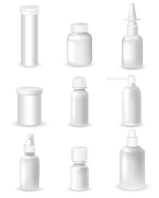 Medicine blank white bottles set for sprays and pills realistic isolated vector illustration